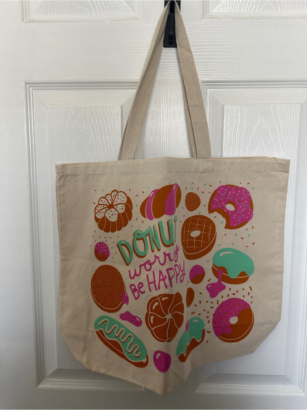 Canvas Tote Bag with Colorful Donut Print